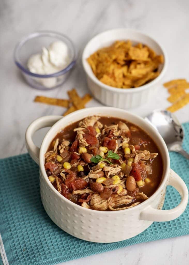 chicken taco soup recipe in bowl