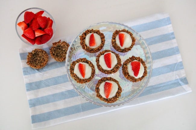 Granola Cups - completed granola cups with yogurt and strawberries