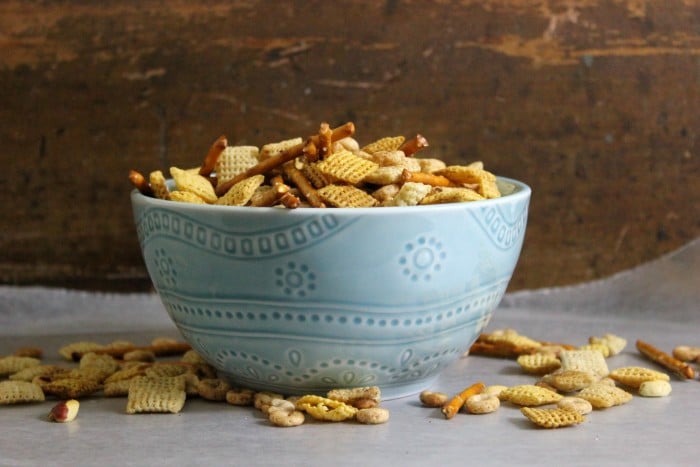 spicy snack mix recipe - bowl of mixture