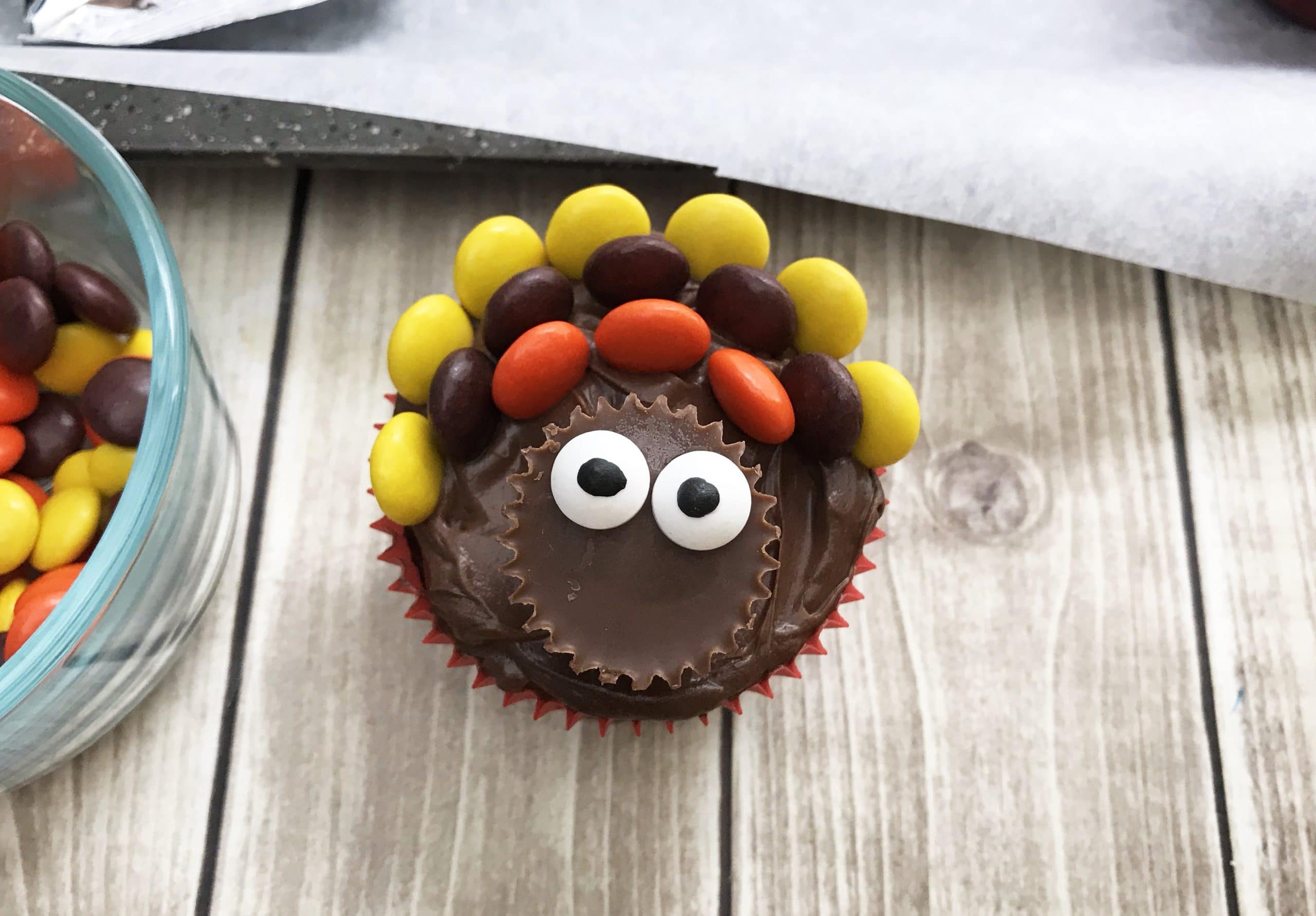 turkey cupcakes - with Reese's pieces and eyes on Reese's cup