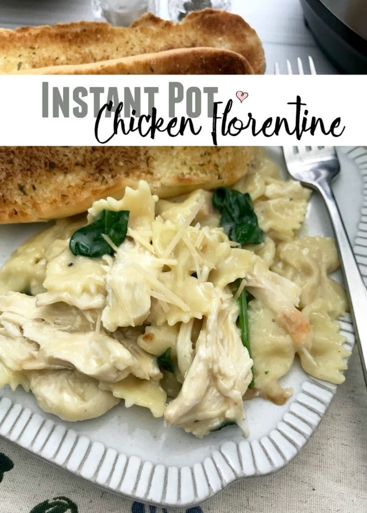 chicken pasta florentine on a plate with bread