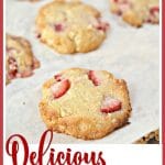 strawberry macadamia cookies on a cookie sheet