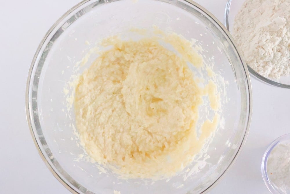 heart thumbprint cookies: wet ingredients in bowl