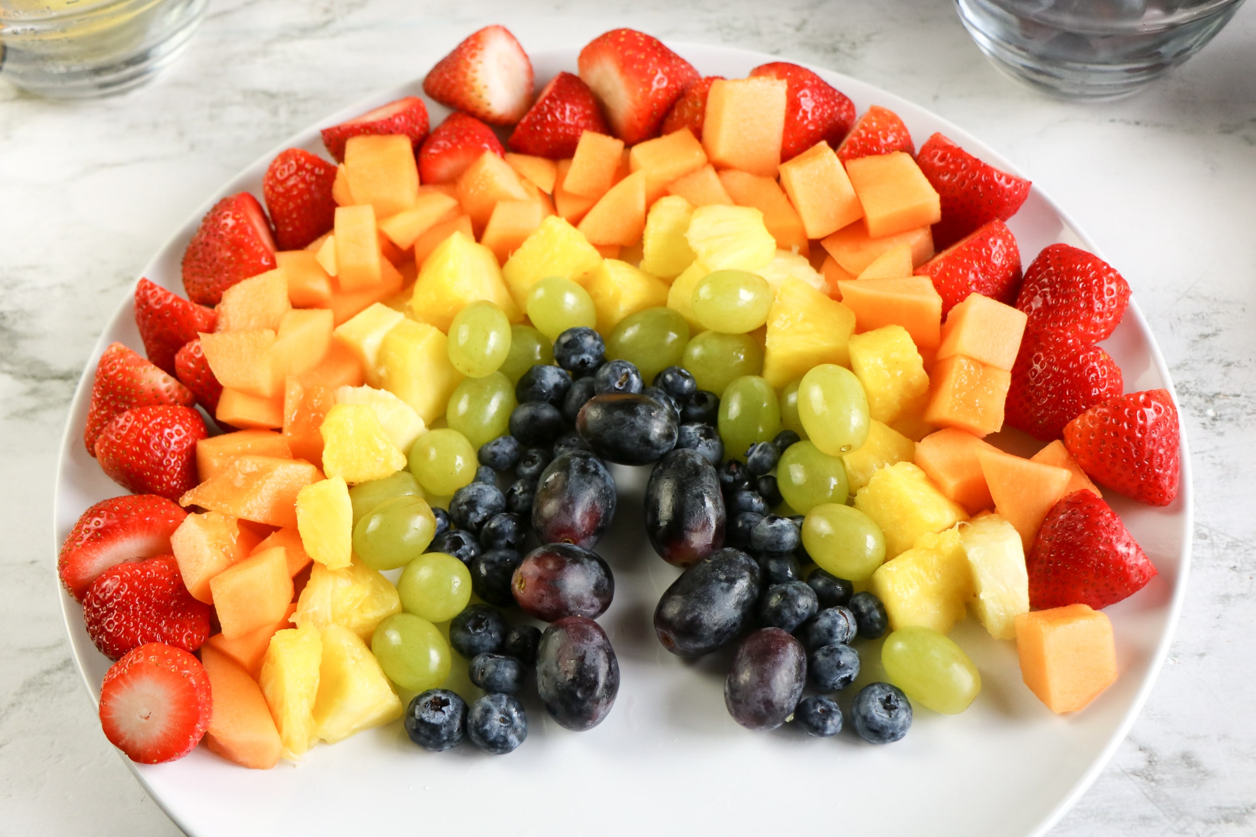 rainbow fruit salad on tray